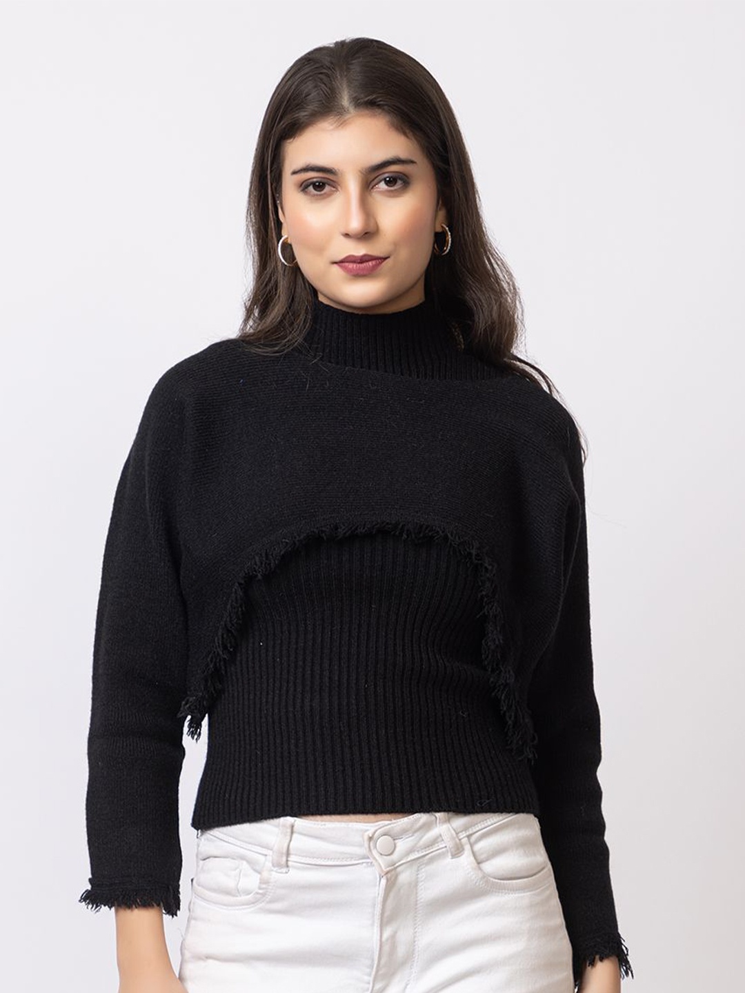 

GFO Women Self Design Woollen Pullover, Black