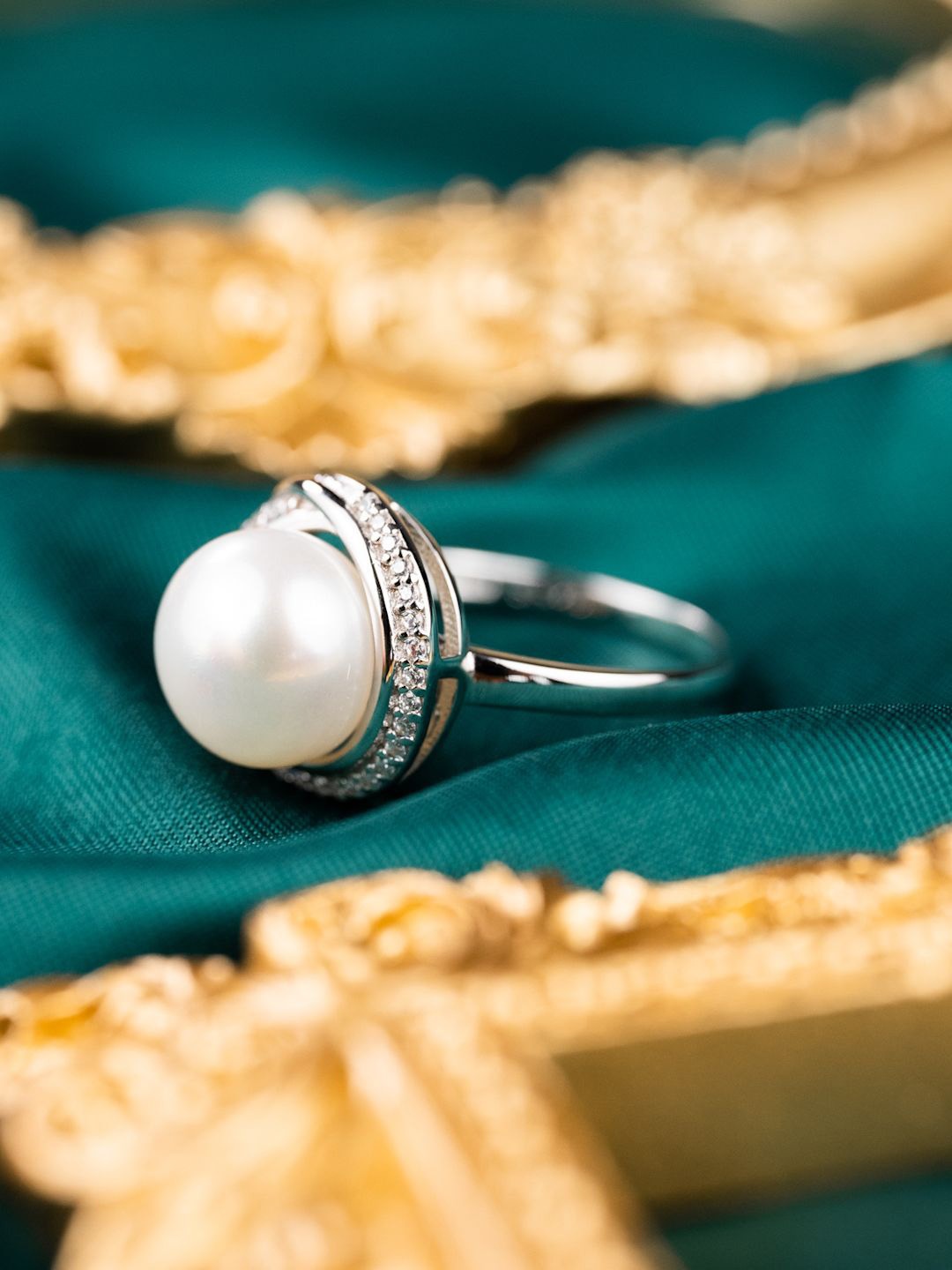 

MISS JO Rhodium-Plated CZ-Studded & Peral-Beaded Finger Ring, Silver