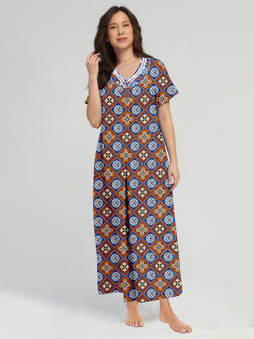 

CAMISON Women Printed Pure Cotton Maxi Nightdress, Maroon