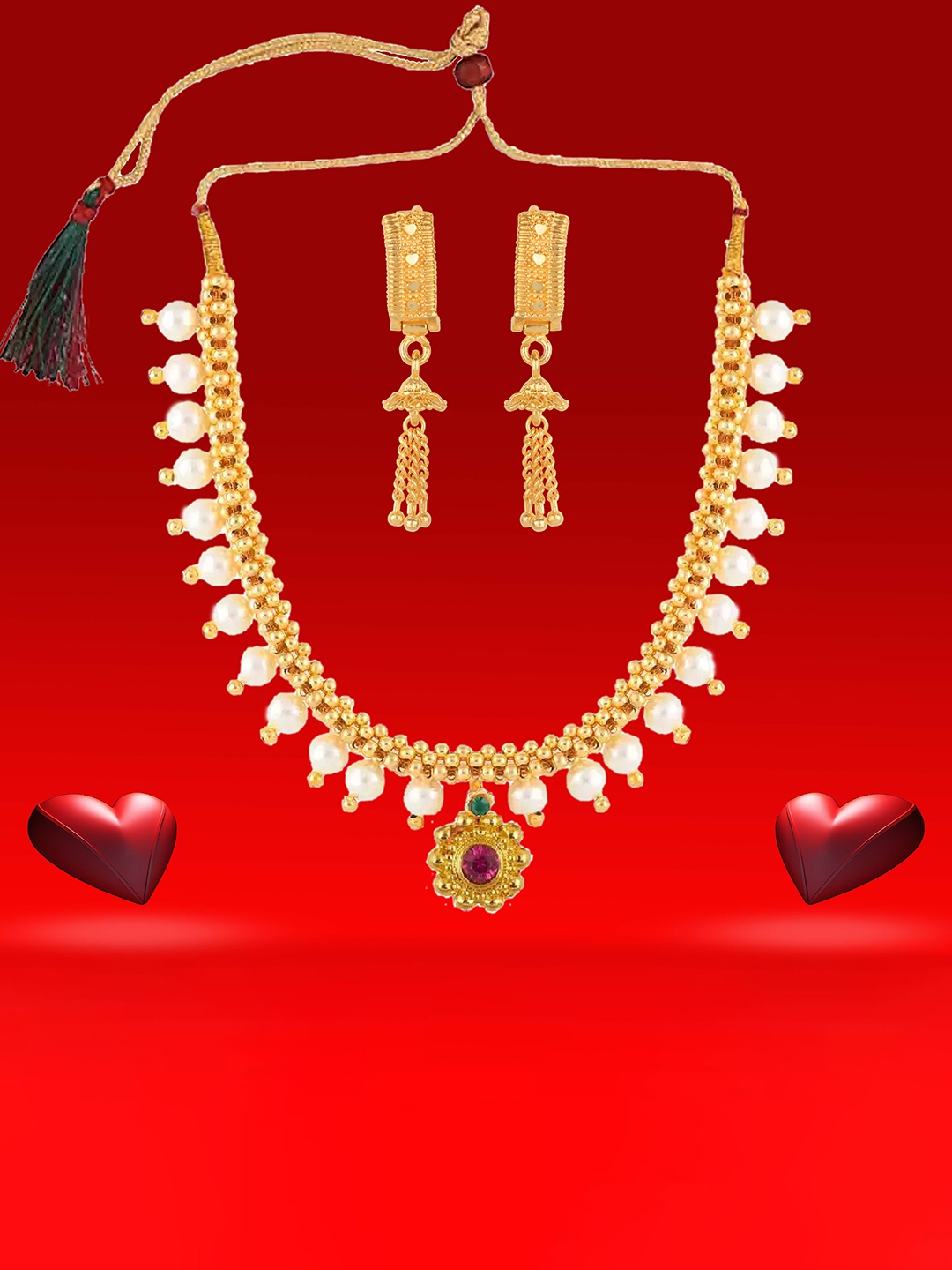 

Heer Collection Gold-Plated Stones-Studded & Beaded Necklace and Earrings