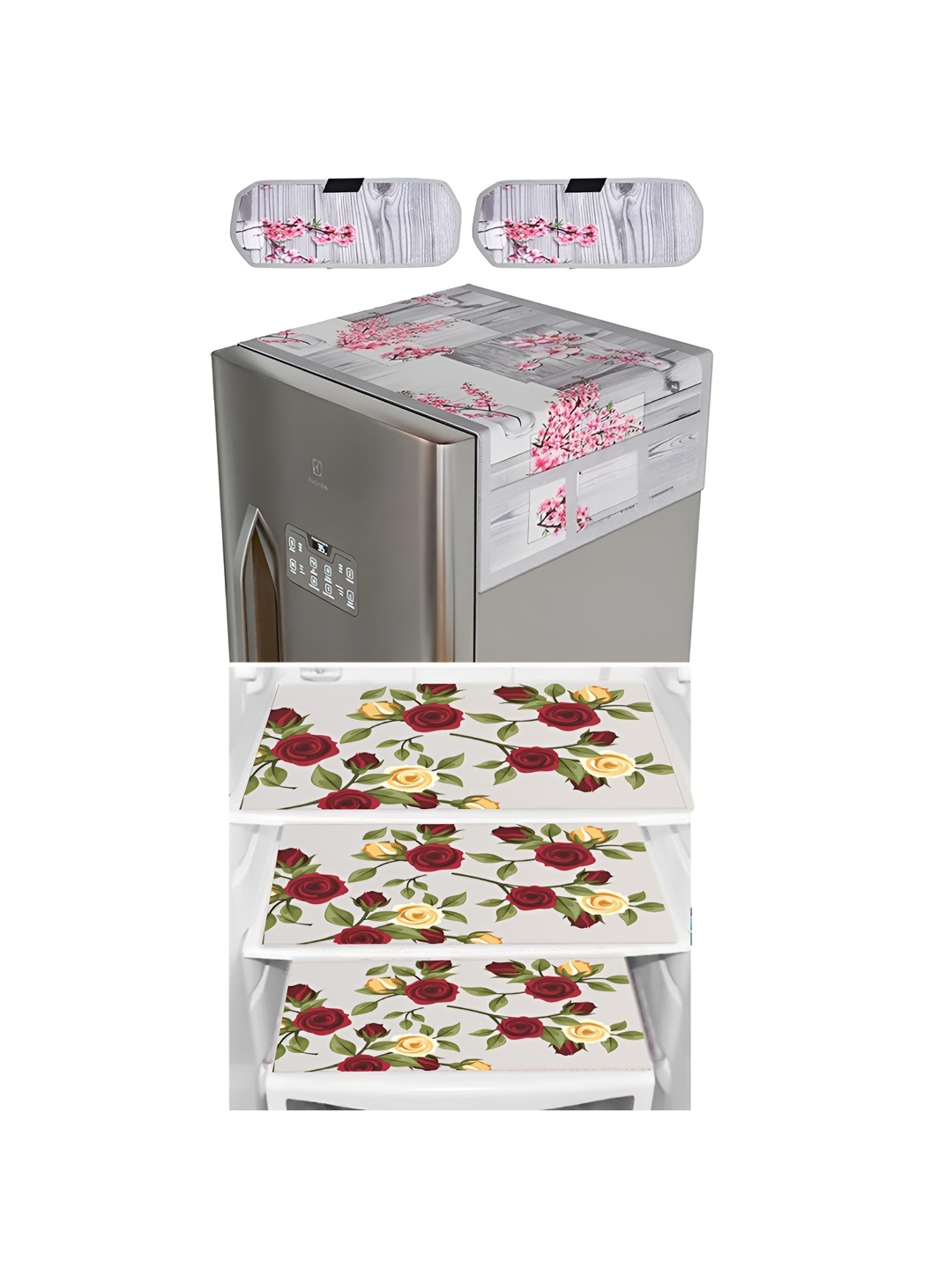 

LooMantha Grey & Pink 6 Pieces Printed Refrigerator Top With Handle Covers & Fridge Mats