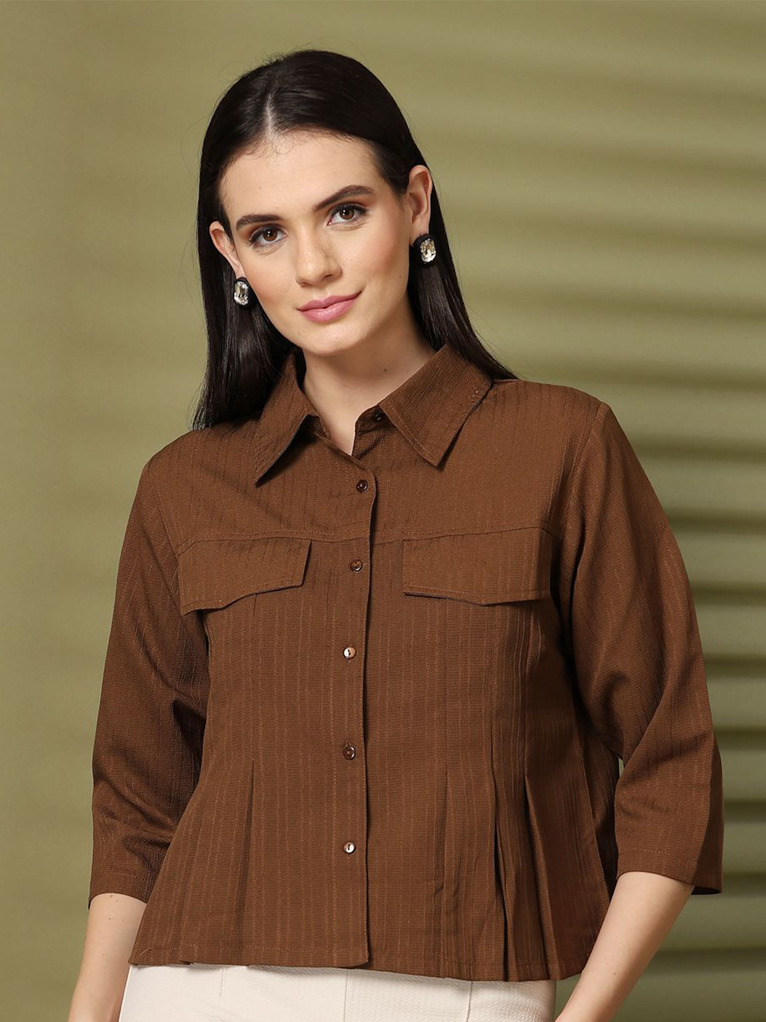 

plusS Women Solid Casual Top, Brown