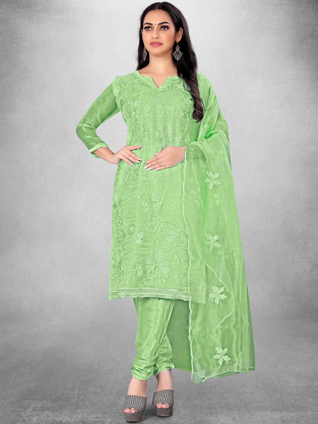 

Maroosh Floral Embroidered Organza Unstitched Dress Material, Green