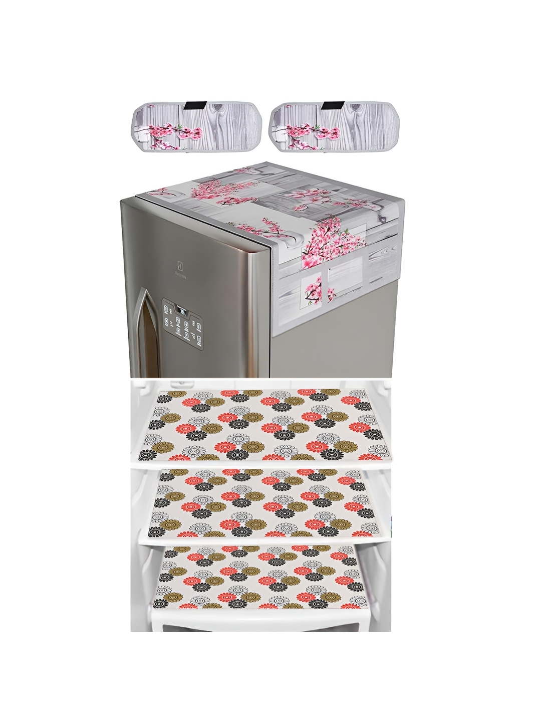 

LooMantha Grey & Pink 6 Pieces Printed Refrigerator Top With Handle Covers & Fridge Mats