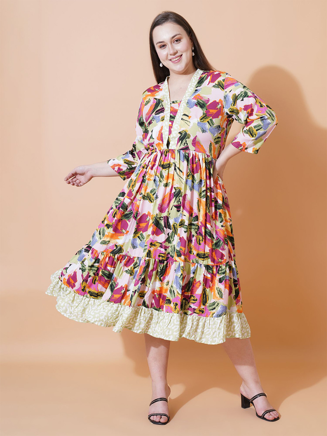 

U&F Beyond Abstract Printed Plus Size Cotton Fit & Flare Midi Dress, Pink