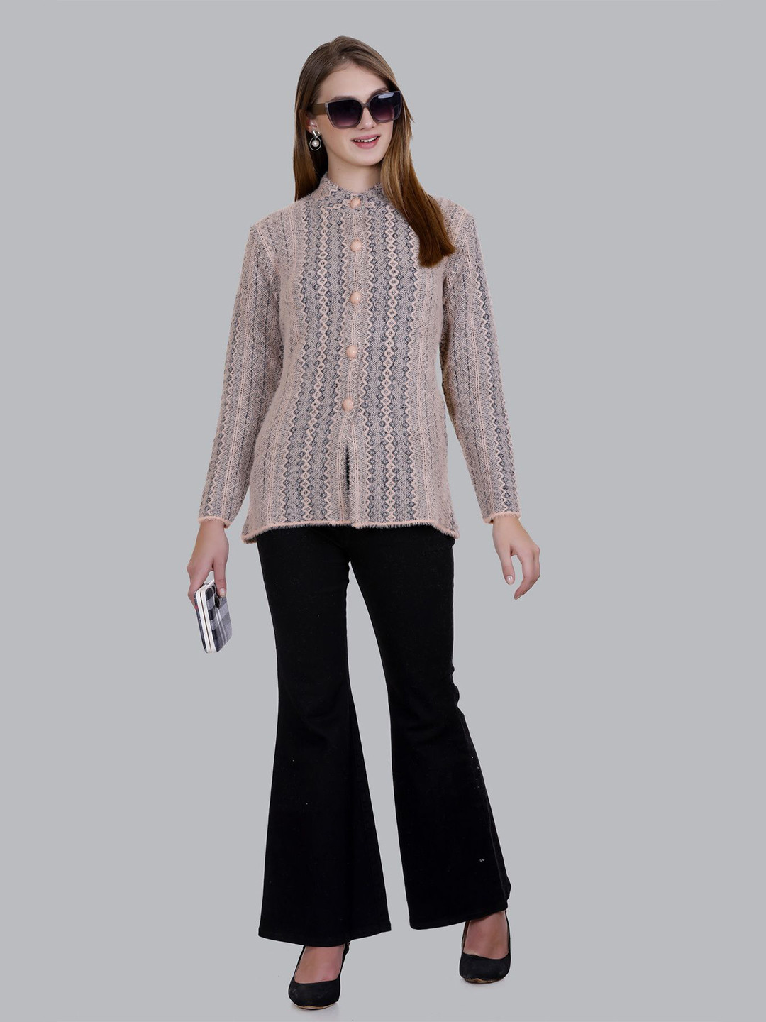 

SOSHAGUN OSWAL Women Printed Woollen Cardigan Sweaters, Orange