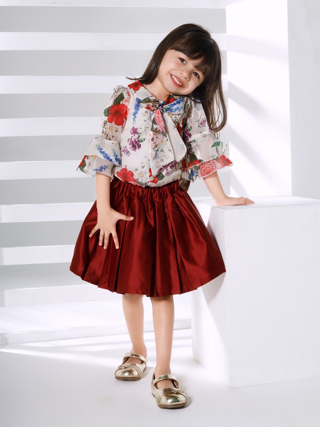 

Peppermint Girls Floral Printed Shirt Collar Top With Skirt, Maroon