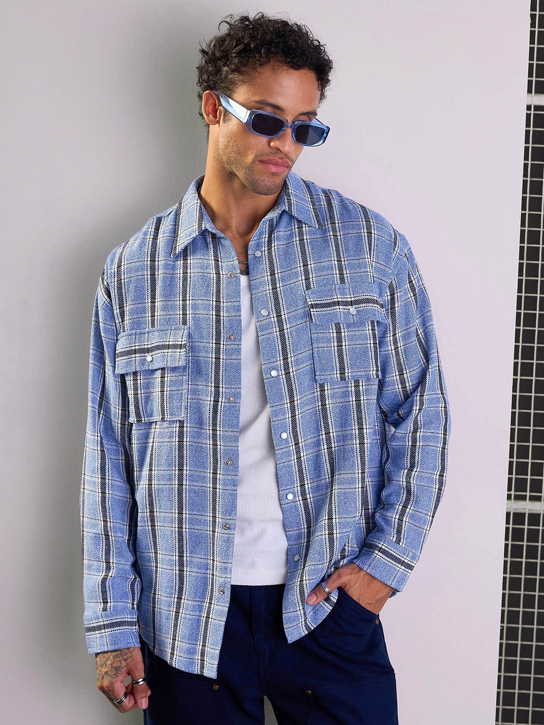 

MASCLN SASSAFRAS Men Spread Collar Checked Cotton Oversized Casual Shirt, Blue