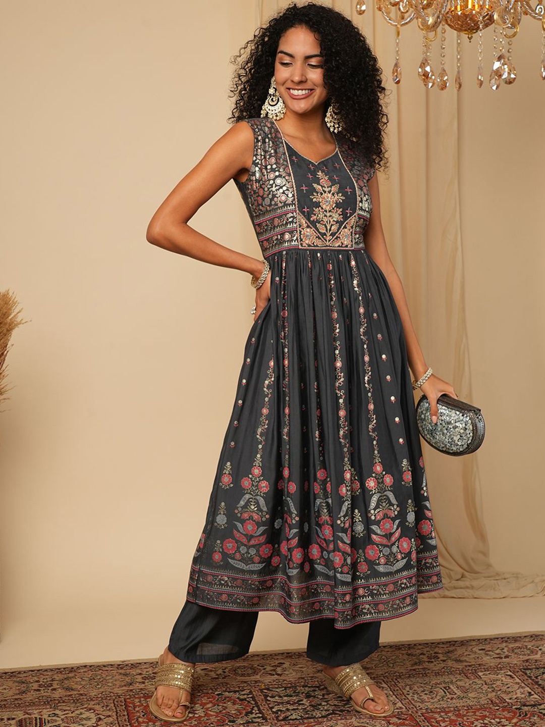 

Globus Floral Embroidered Thread Work Pure Silk Anarkali Kurta with Trousers, Grey