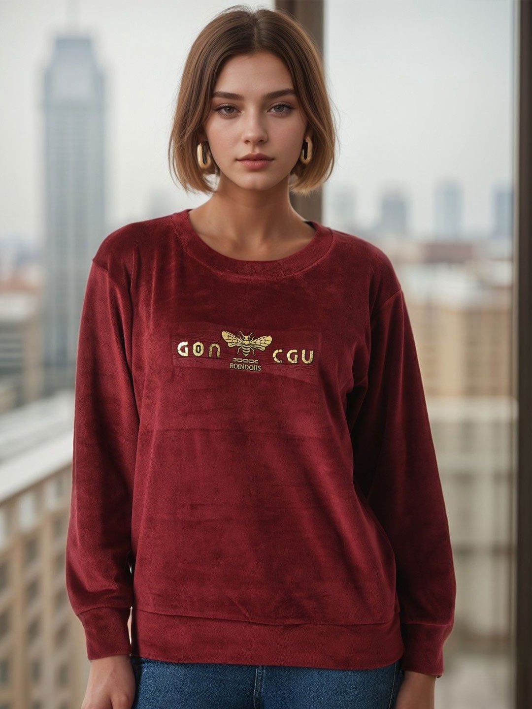 

BAESD Women Typography Printed Sweatshirt, Maroon