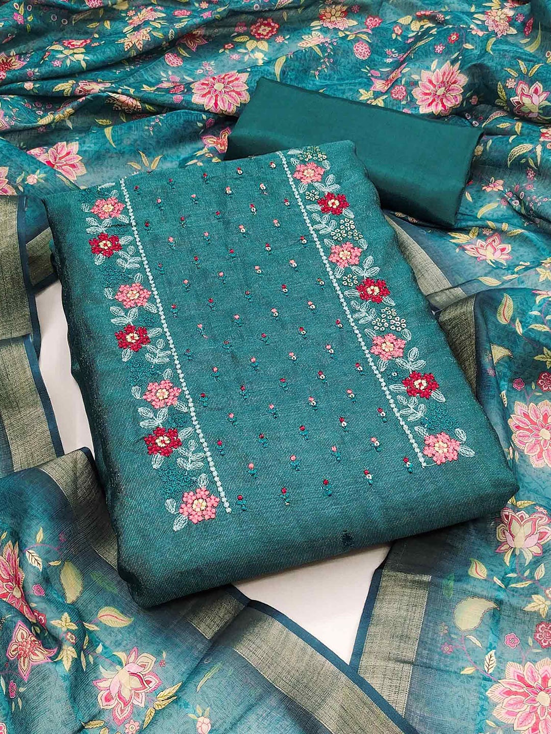 

Peachmode Floral Embroidered Sequinned Unstitched Dress Material, Teal