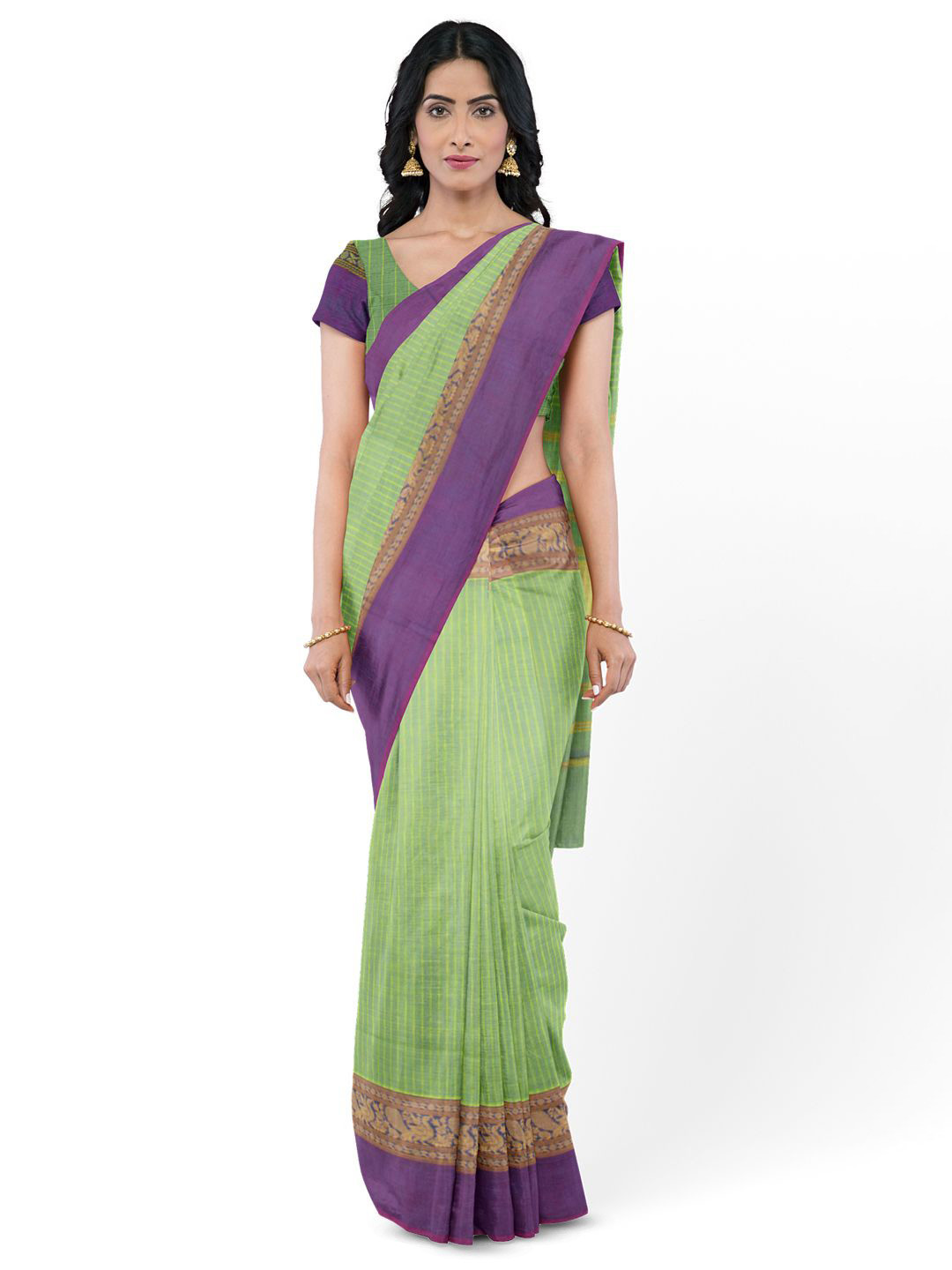 

Avishya Striped Zari Pure Cotton Kanjeevaram Saree, Green