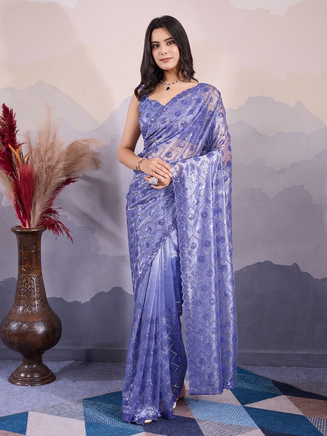

VenderVilla Floral Embroidered Supernet Saree, Blue