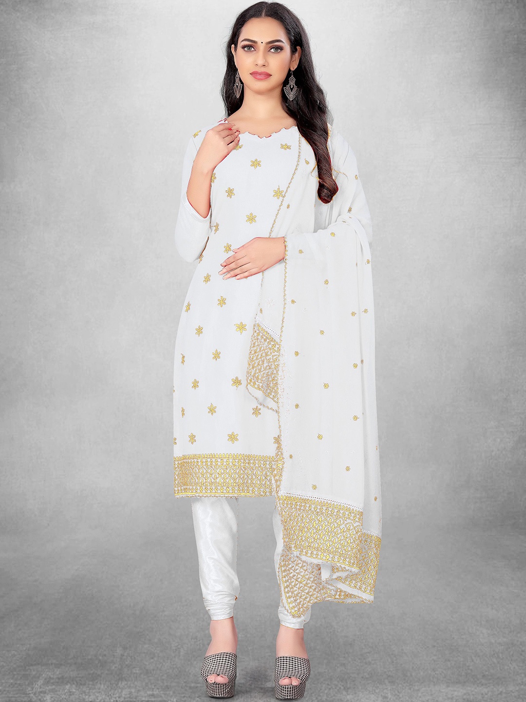 

Maroosh Floral Embroidered Zari Georgette Unstitched Dress Material, White