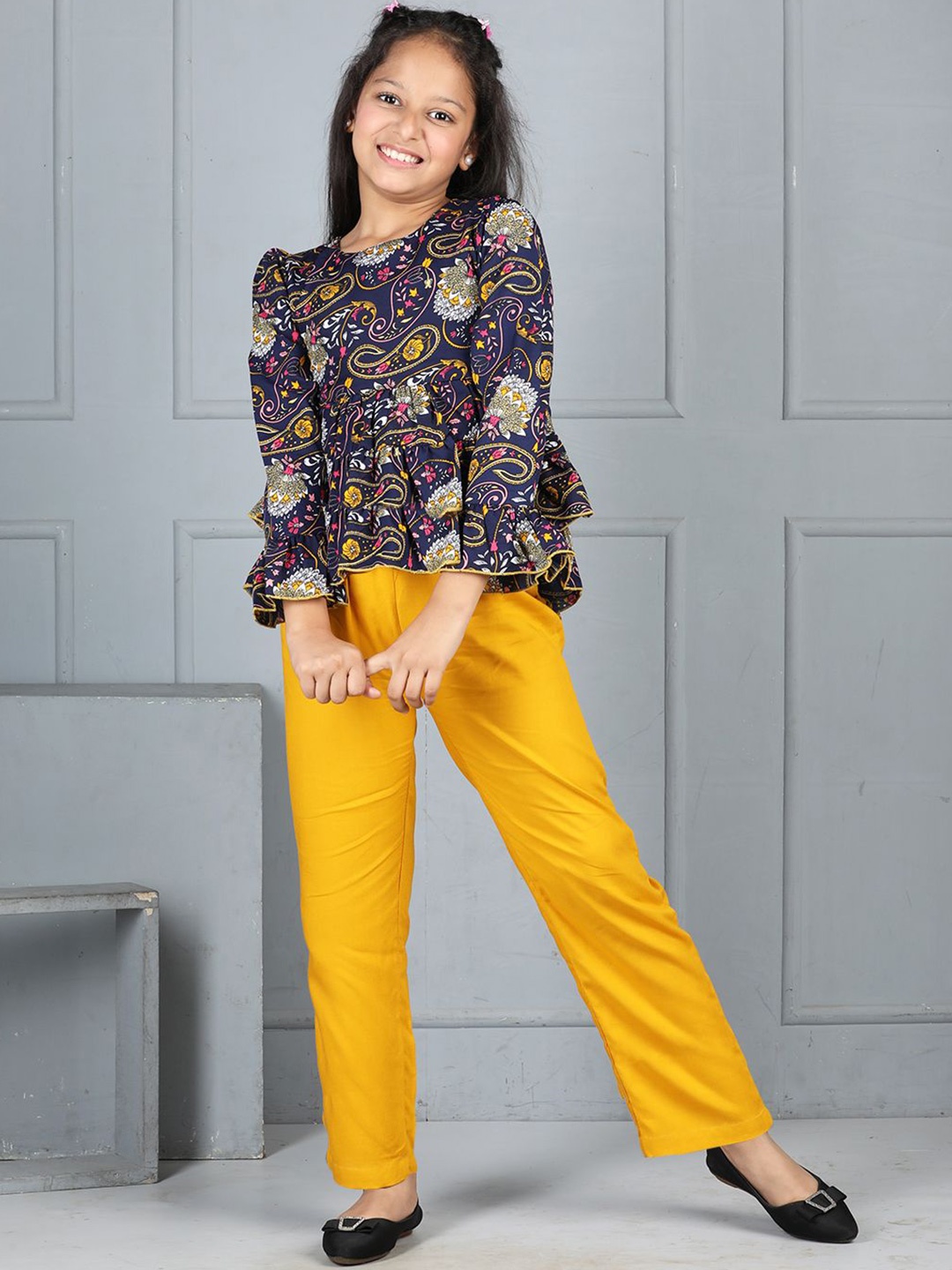 

Cutiekins Girls Paisley Printed Round Neck Top With Trouser, Navy blue