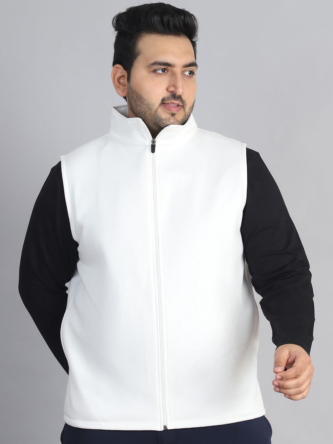 

Rute Men Mock Collar Plus Size Solid Cotton Casual Open Front Jacket, White