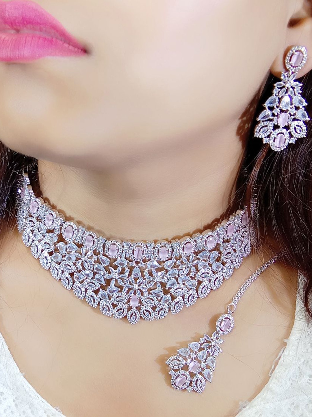 

Ladymania Silver-Plated AD-Studded Necklace and Earrings With Maang Tika
