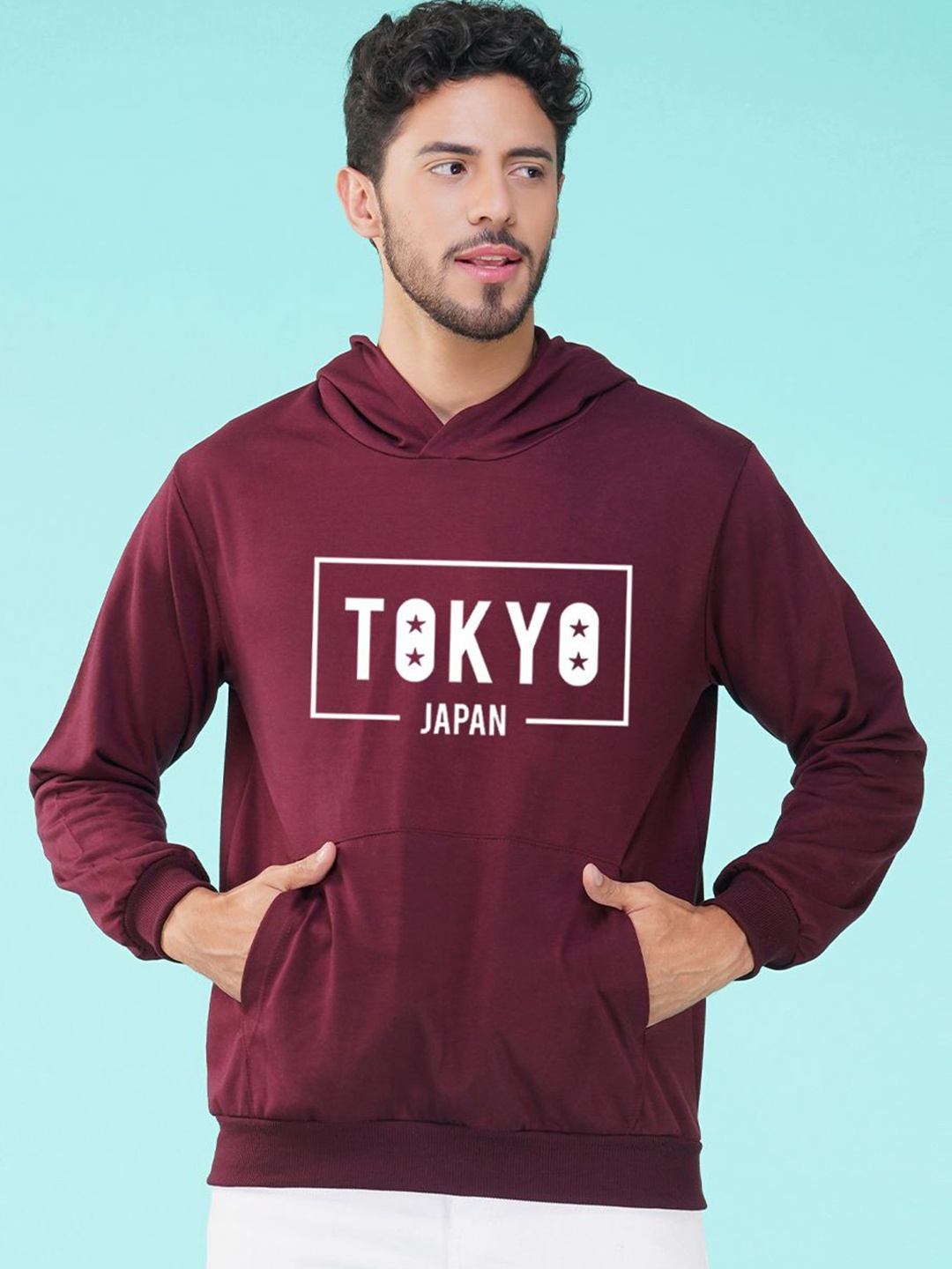 

NUSYL Men Typography Printed Hooded Pullover Sweatshirt, Maroon