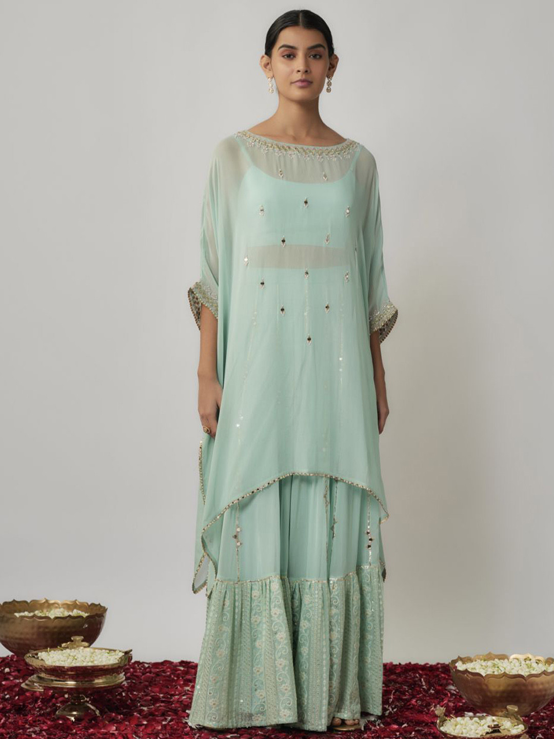 

Renee Label Embroidered Mirror Work Kaftan Kurta with Sharara, Blue
