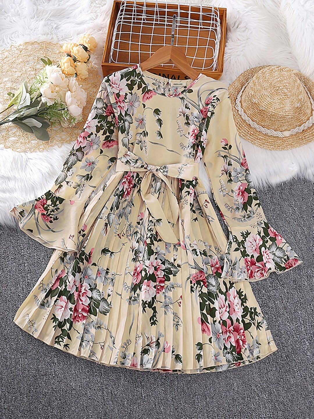 

INCLUD Girls Floral Print Flared Sleeve Fit & Flare Midi Dress, Beige