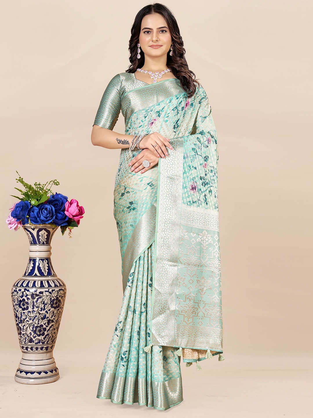 

ETHNIC TODAY Floral Printed Zari Woven Design Saree, Turquoise blue