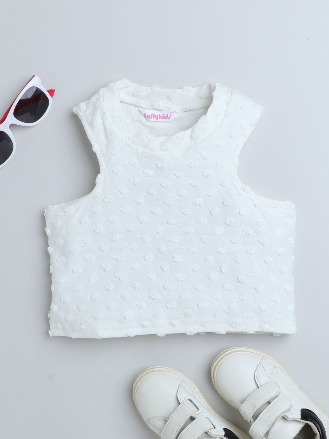 

taffykids Girls Self Design Cotton Tank Crop Top, White