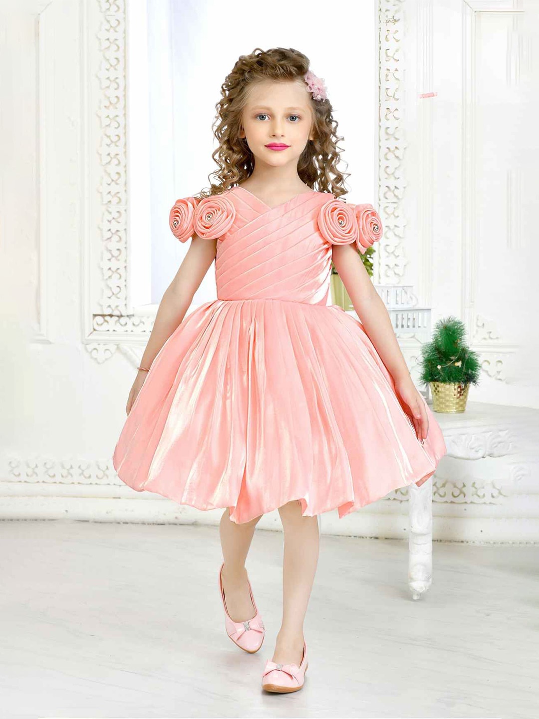 

Lagorii Girls Satin Fit & Flare Dress, Peach