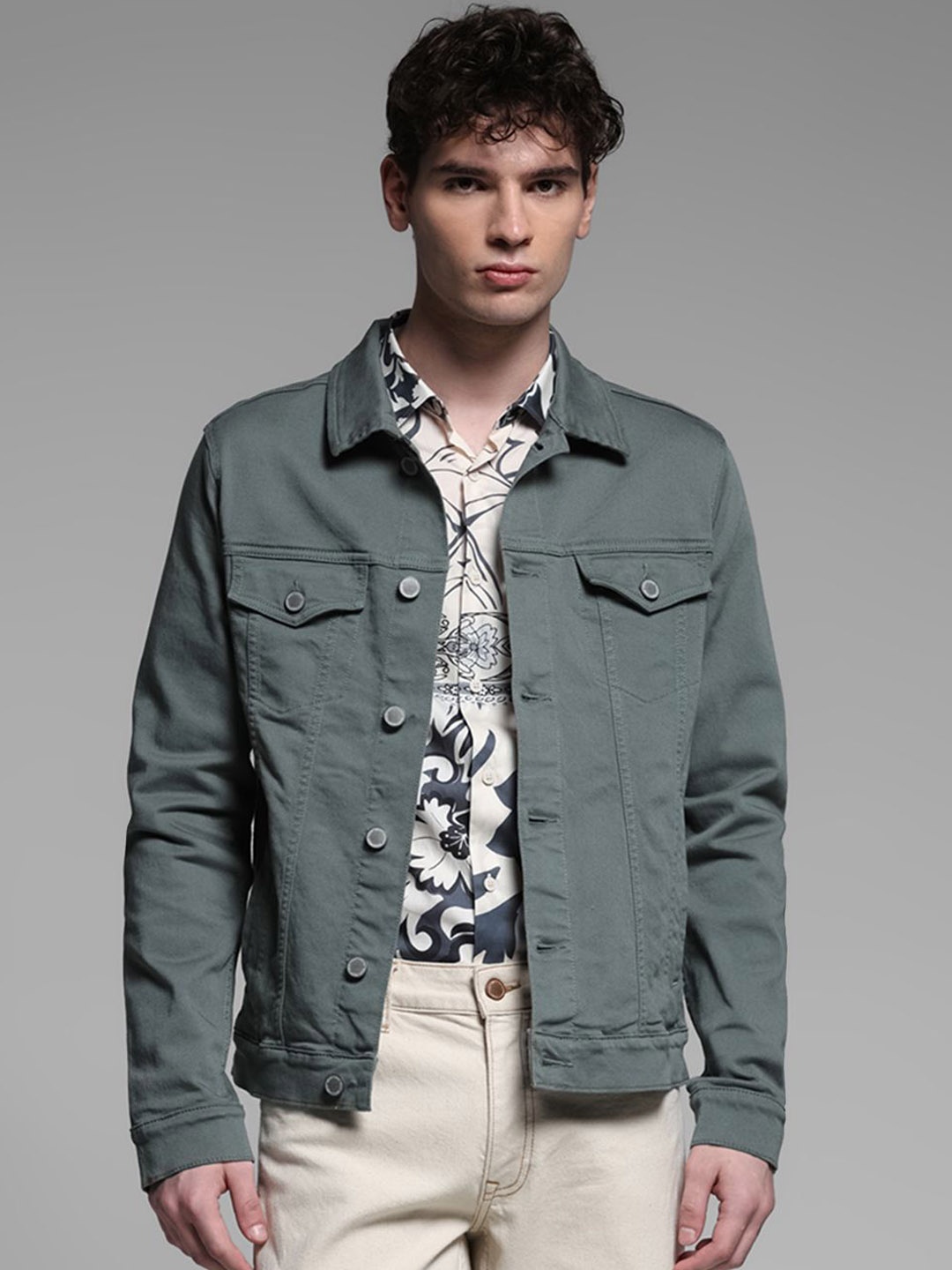 

Jack & Jones Men Spread Collar Solid Cotton Casual Denim Jacket, Green