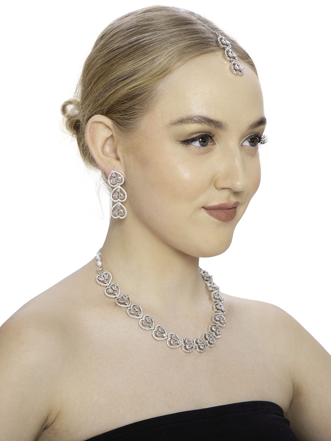

Ladymania Silver-Plated AD-Studded Necklace and Earrings With Maang Tika
