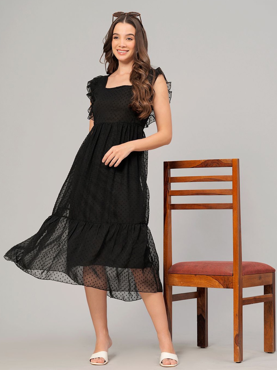 

BAESD Women Self Design Fit & Flare Midi Dress, Black