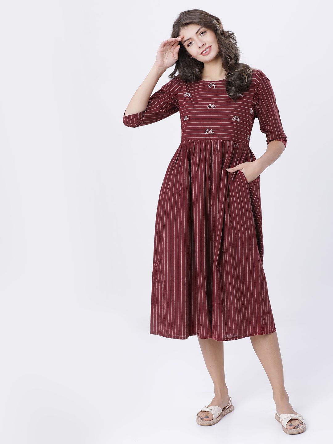 

Vishudh Cotton Striped Fit and Flare Midi Dress, Maroon