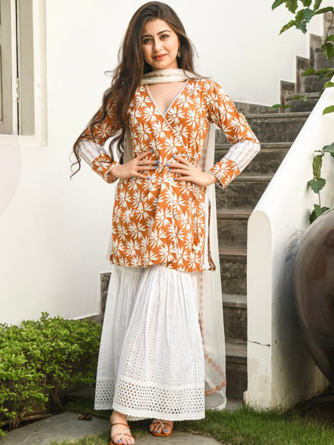 

MILAAV Floral Printed Pure Cotton Angrakha Straight Kurta With Sharara & Dupatta, Orange