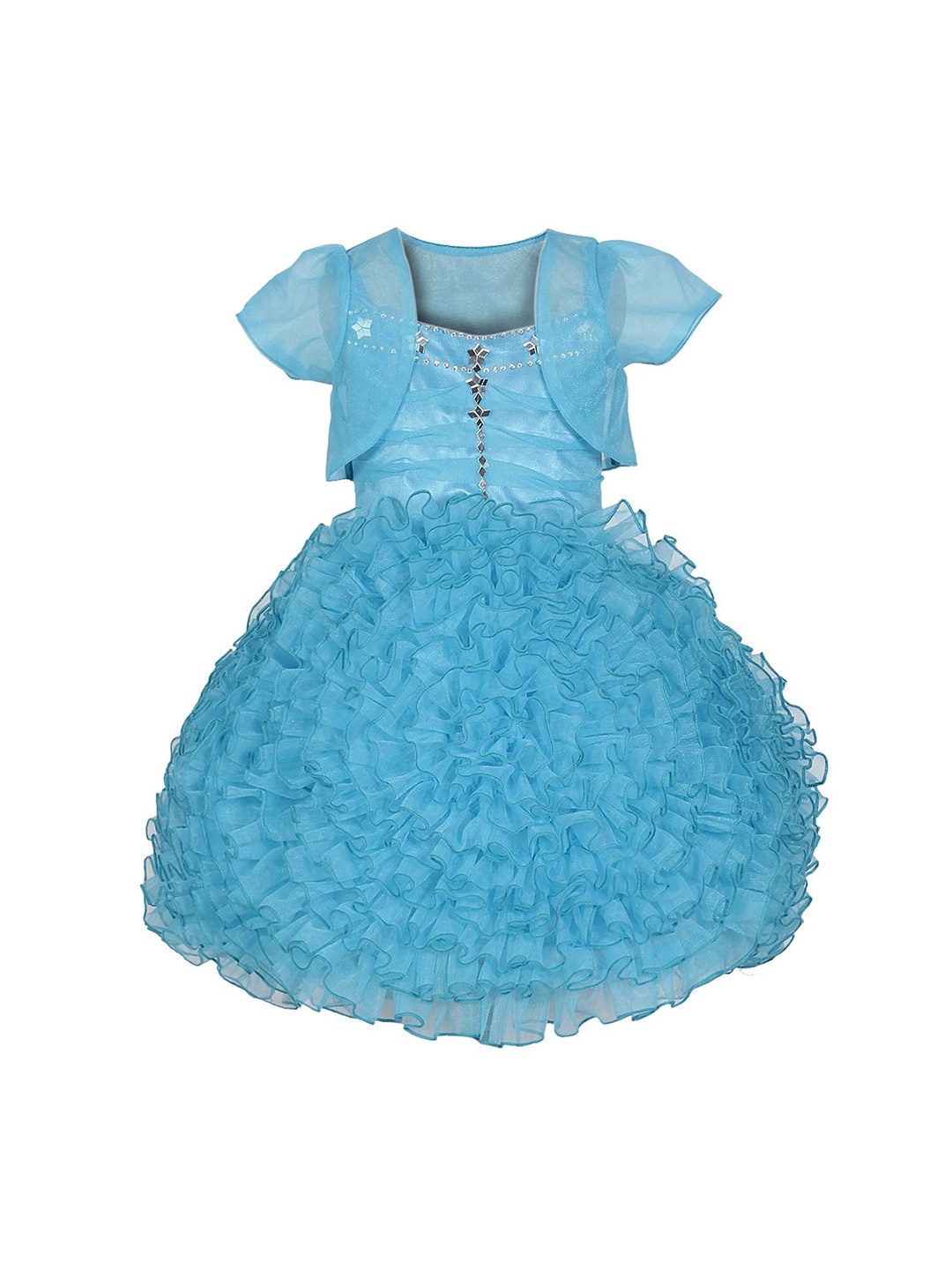 

Wish little Girls Embellished Mirror work Net Fit & Flare Dress, Turquoise blue