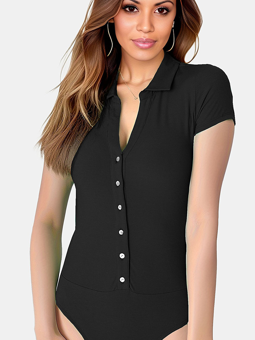 

LULU & SKY Ribbed Buttoned Front Bodysuit, Black