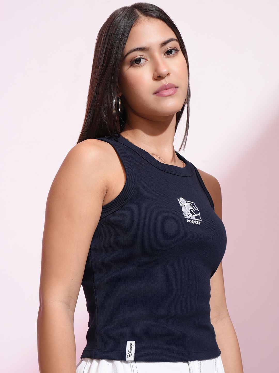 

Tokyo Talkies Disney Women Mickey Mouse Embroidered Crop Tank Top, Navy blue