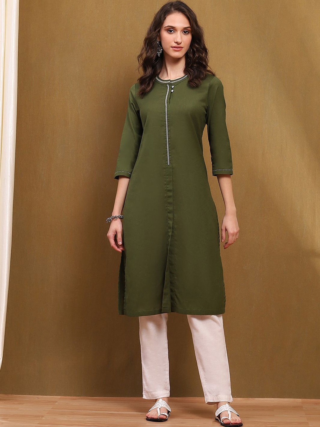 

Biba Band Collar Straight Kurta, Green