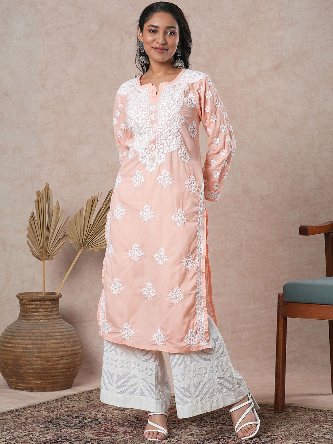 

ADA Floral Embroidered Lucknowi Chikankari Pure Cotton Straight Kurta, Peach