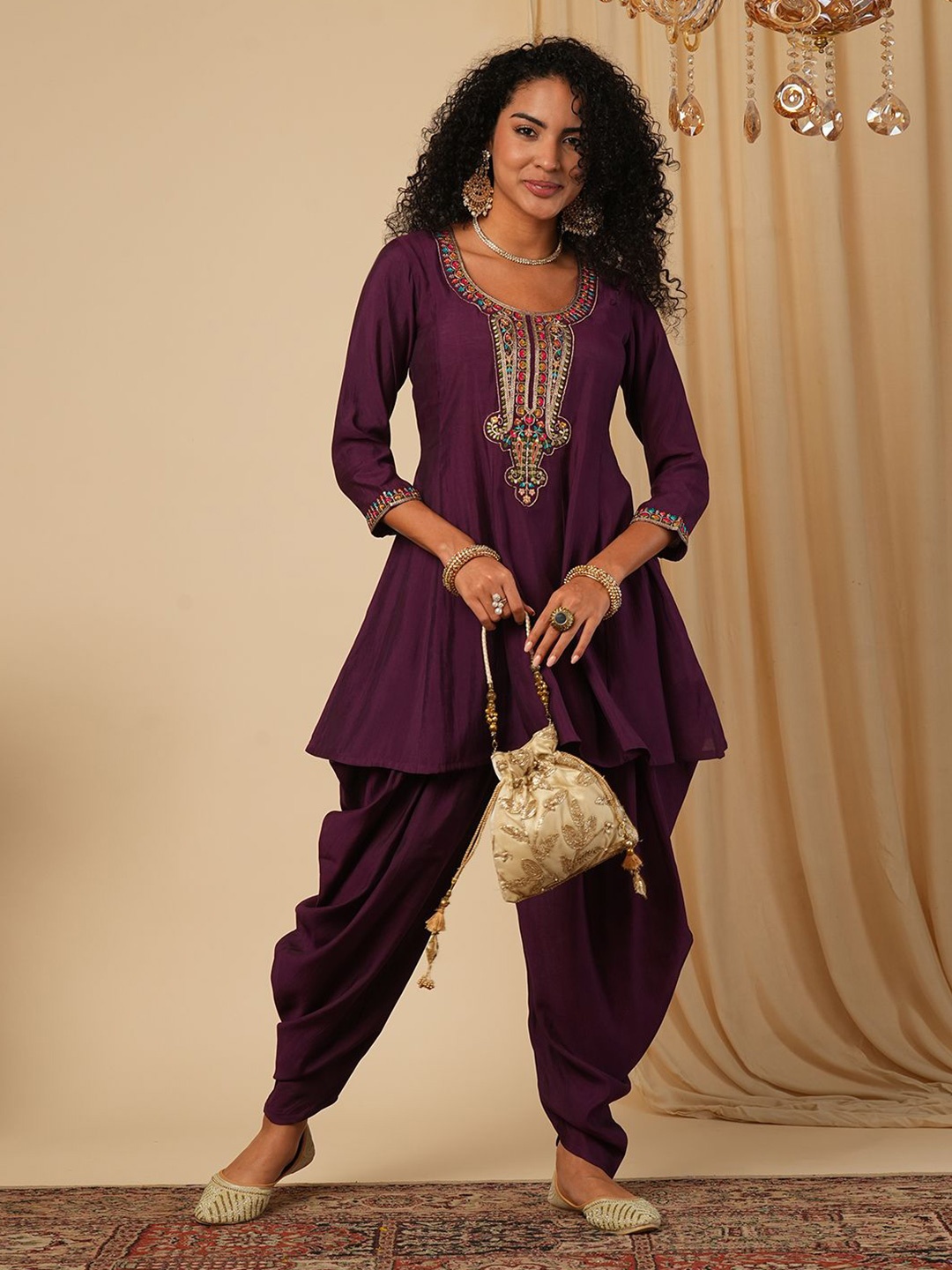 

Globus Yoke Embroidered Peplum Ethnic Top With Dhoti Pant, Purple