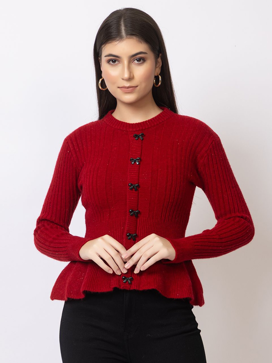 

GFO Women Self Design Woollen Pullover Sweater, Red
