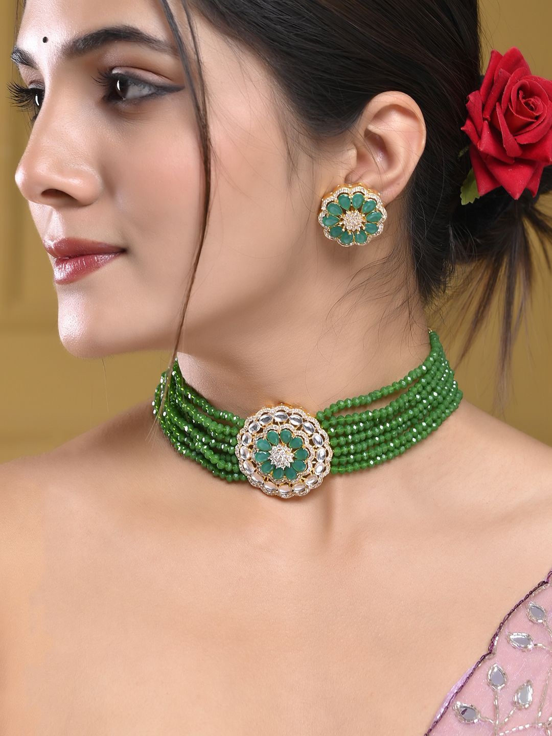 

Silvermerc Designs Gold-Plated Kundan-Studded & Beaded Necklace & Earrings