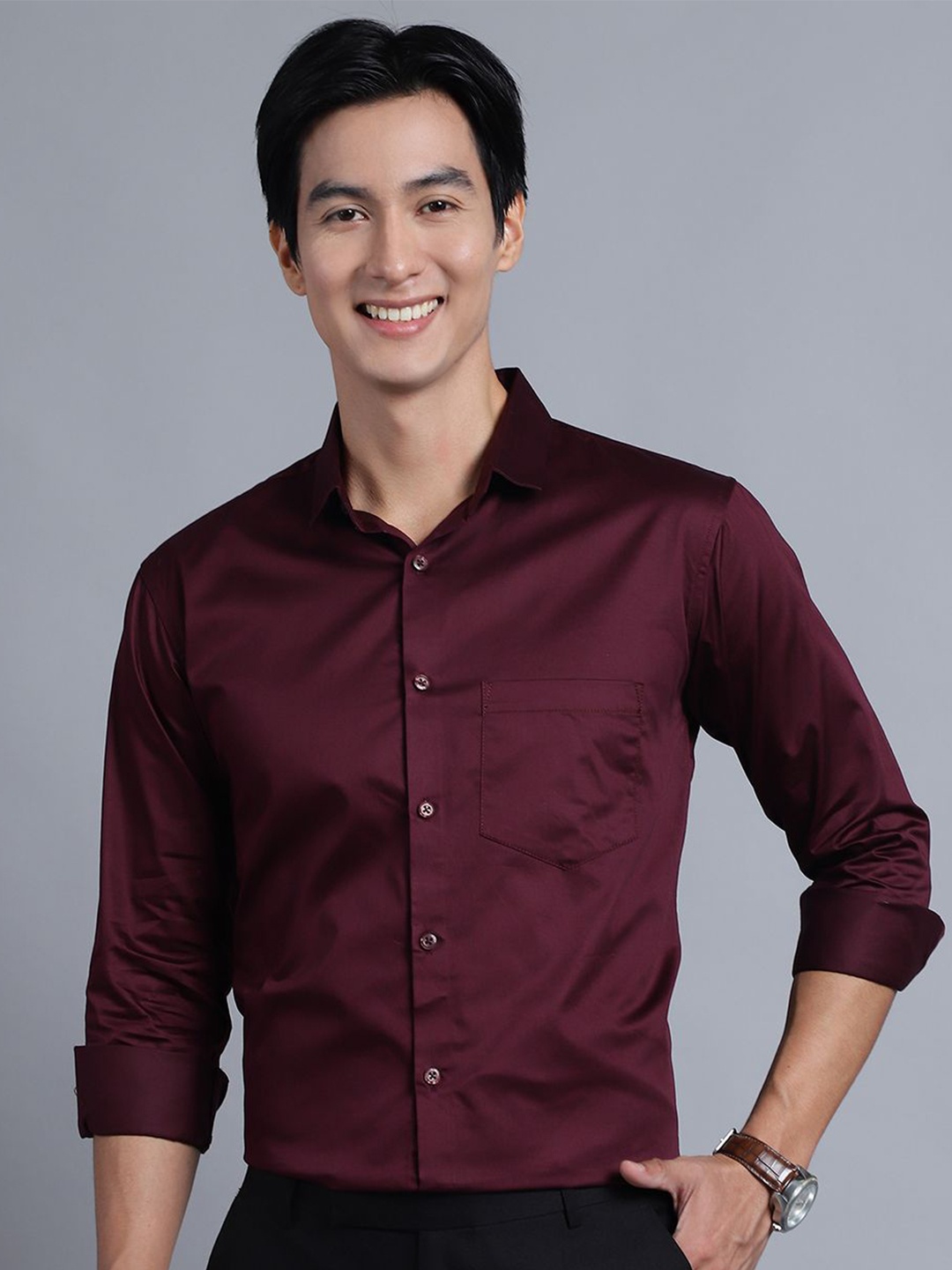 

Majestic Man Men Modern Spread Collar Solid Cotton Slim Fit Formal Shirt, Maroon