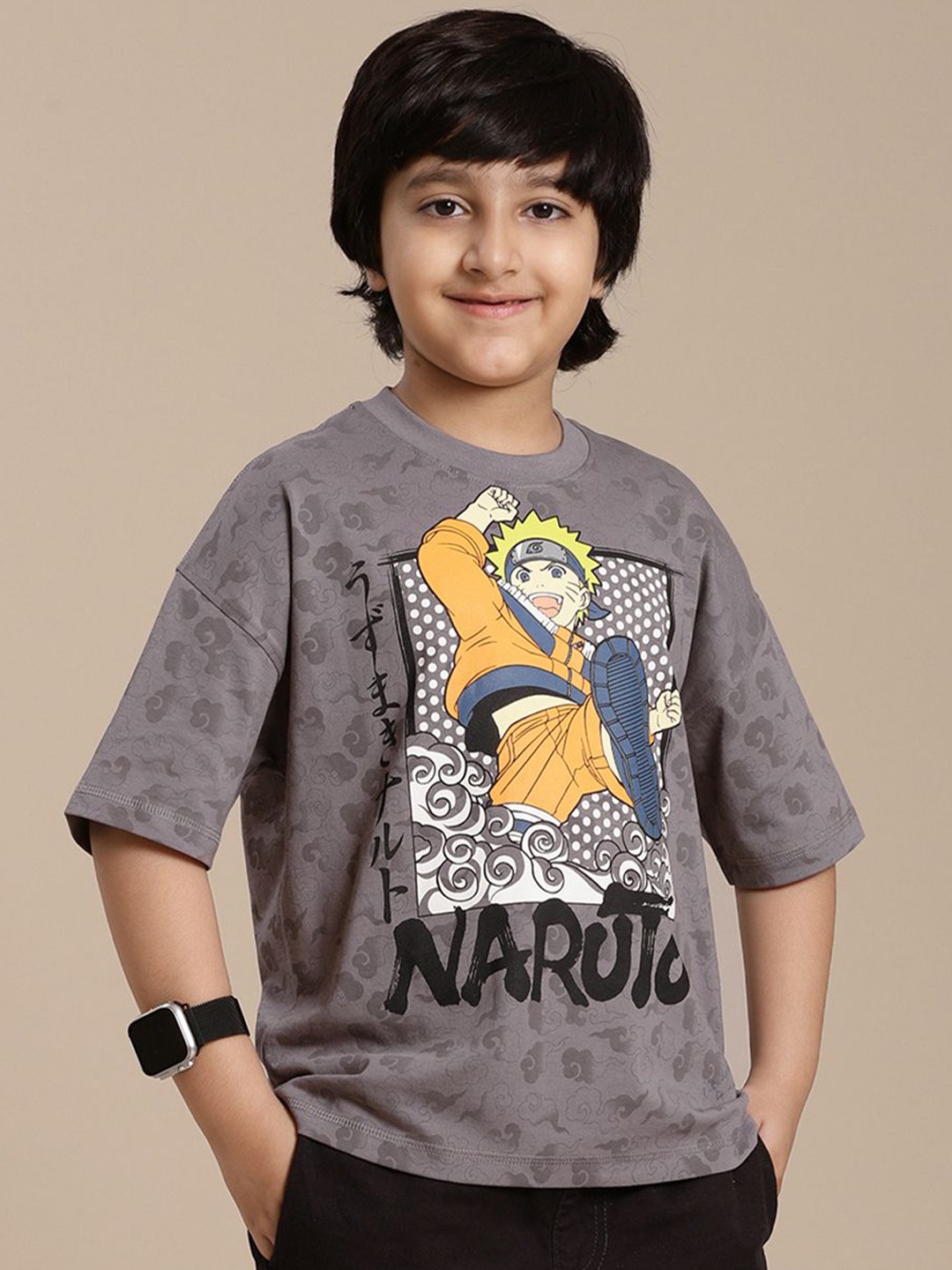 

Kids Ville Boys Naruto Graphic Printed Round Neck Cotton Oversized T-shirt, Grey