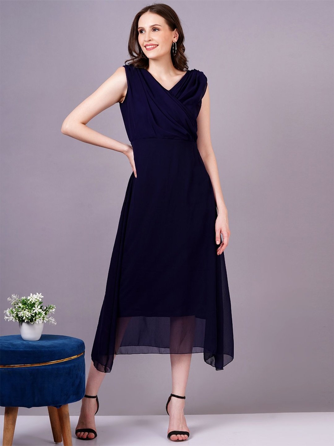 

BAESD Georgette Solid V-Neck Midi Wrap Dress, Navy blue