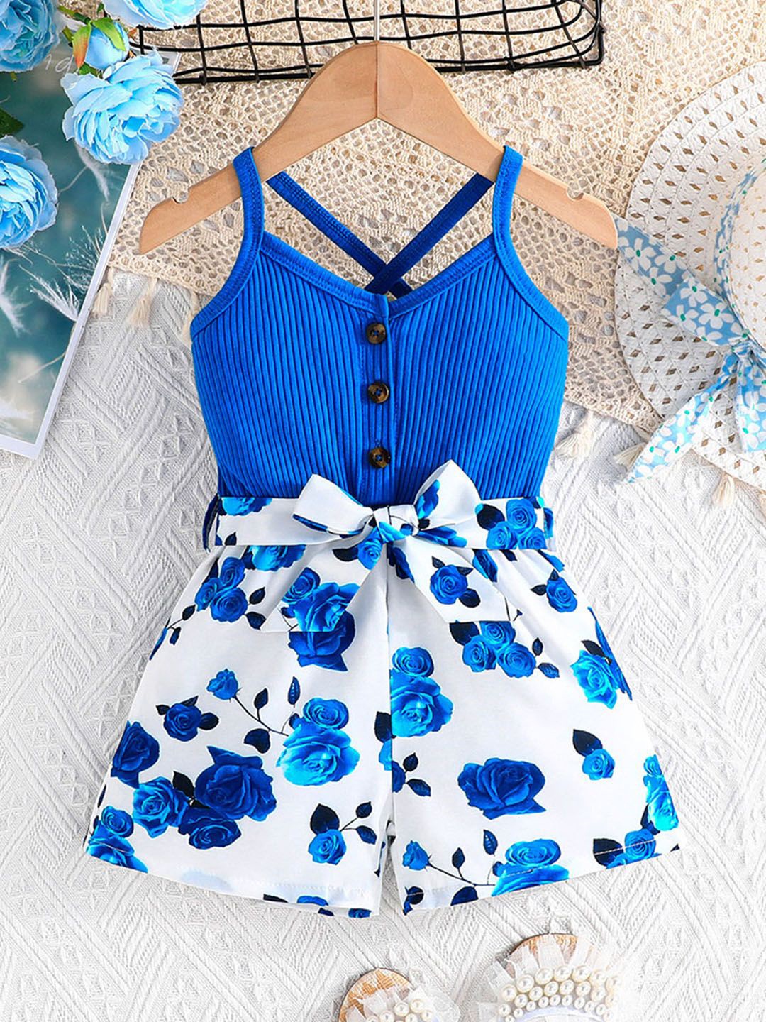 

INCLUD Girls Floral Printed Sleeveless Jumpsuit, Navy blue