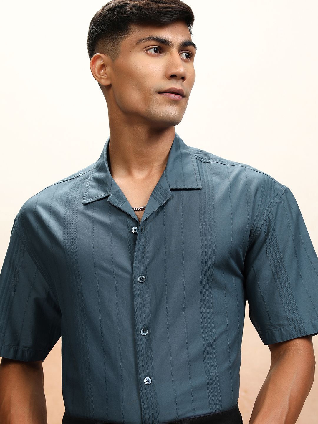

Highlander Men Dobby Textured Striped Cuban Collar Oversized Shirt, Blue