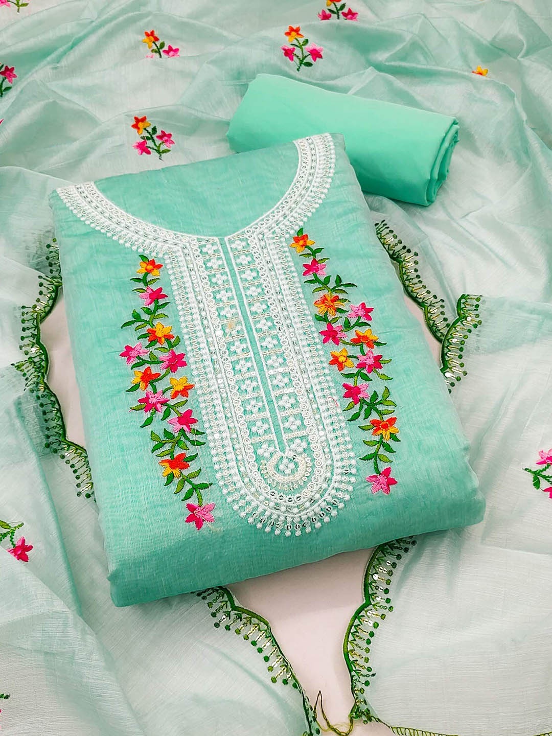 

Peachmode Floral Embroidered Sequinned Unstitched Dress Material, Green