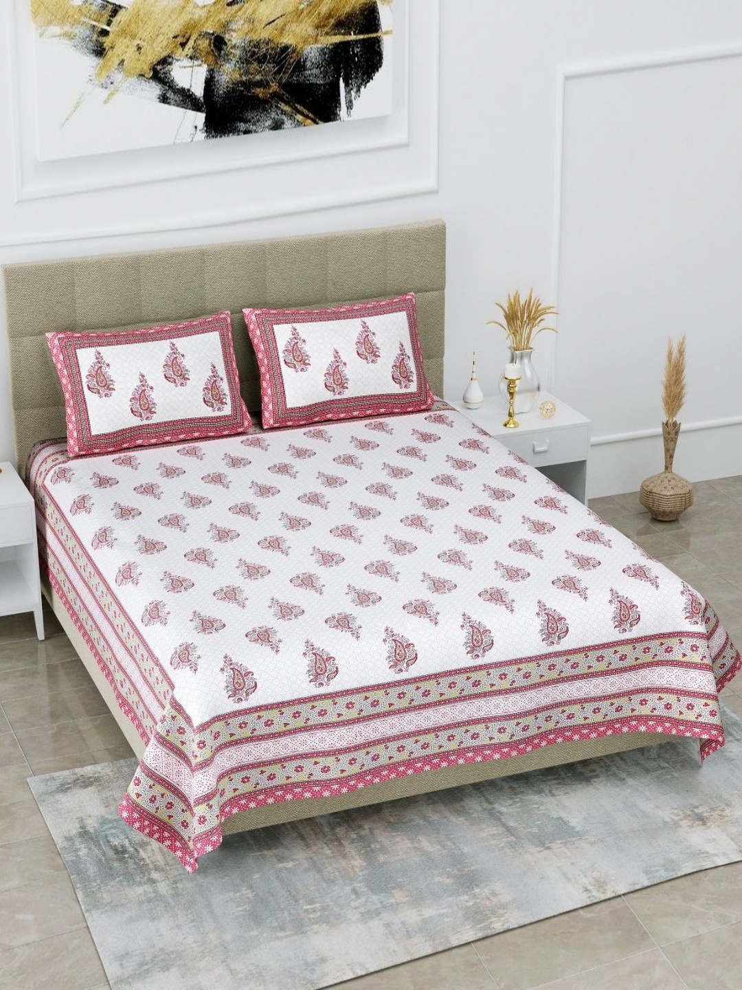 

HOMELINE Pink & White Ethnic Motifs Printed Cotton 180 TC King Bedsheet Set 2.74 x 2.54m