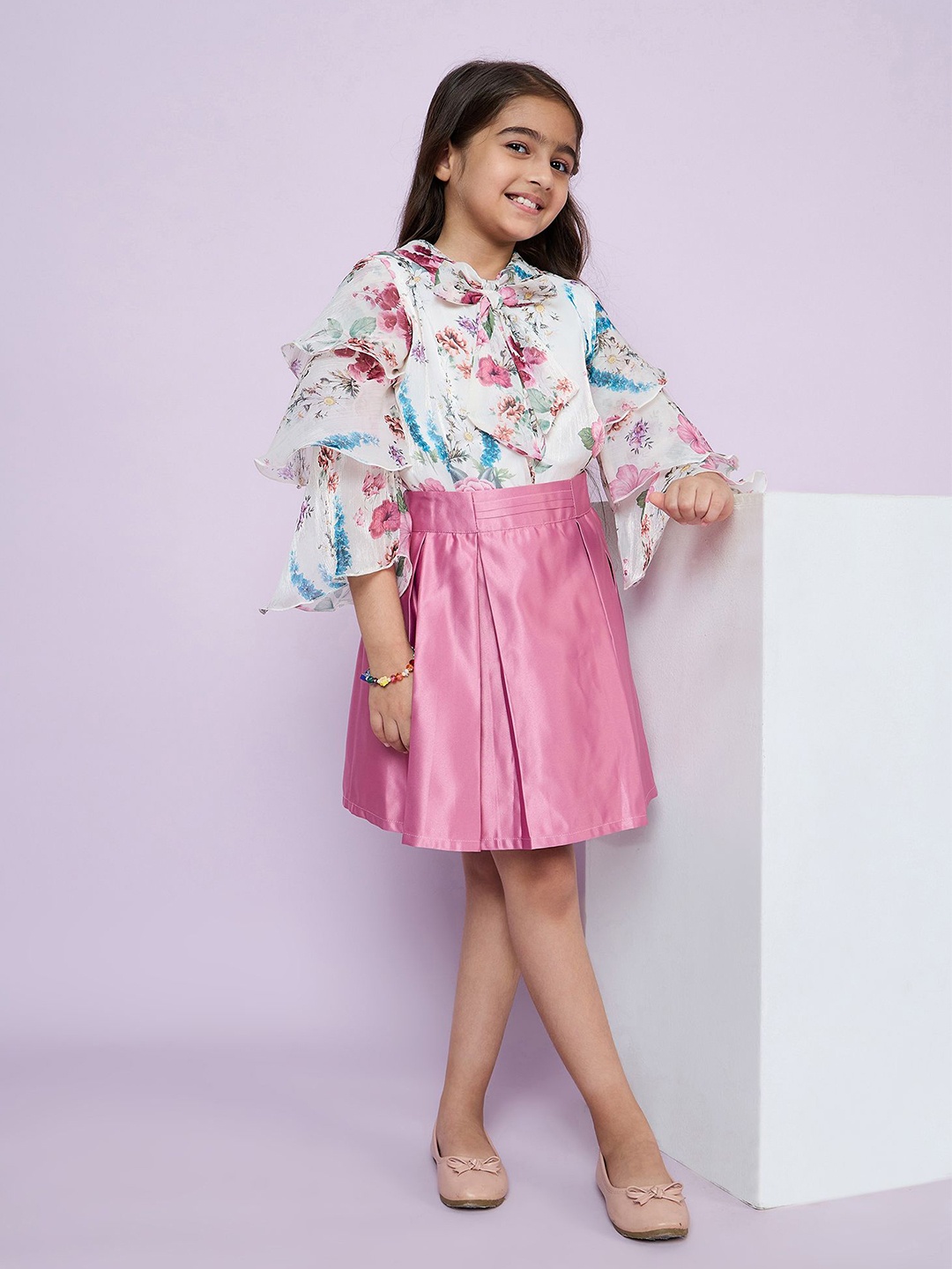 

Peppermint Girls Floral Printed Shirt Collar Layered Sleeves Top With Skirt, Pink