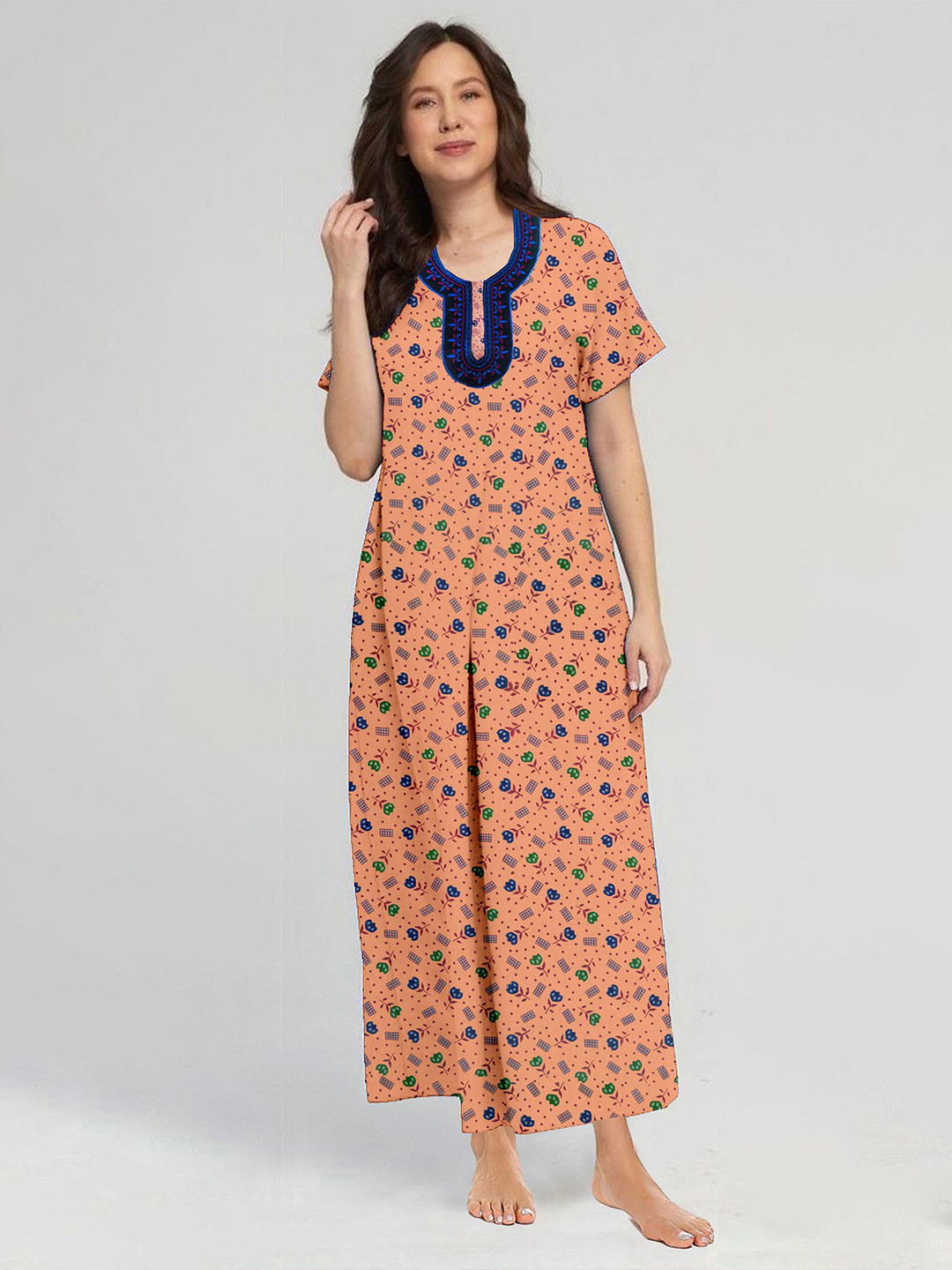 

CAMISON Women Printed Pure Cotton Maxi Nightdress, Orange