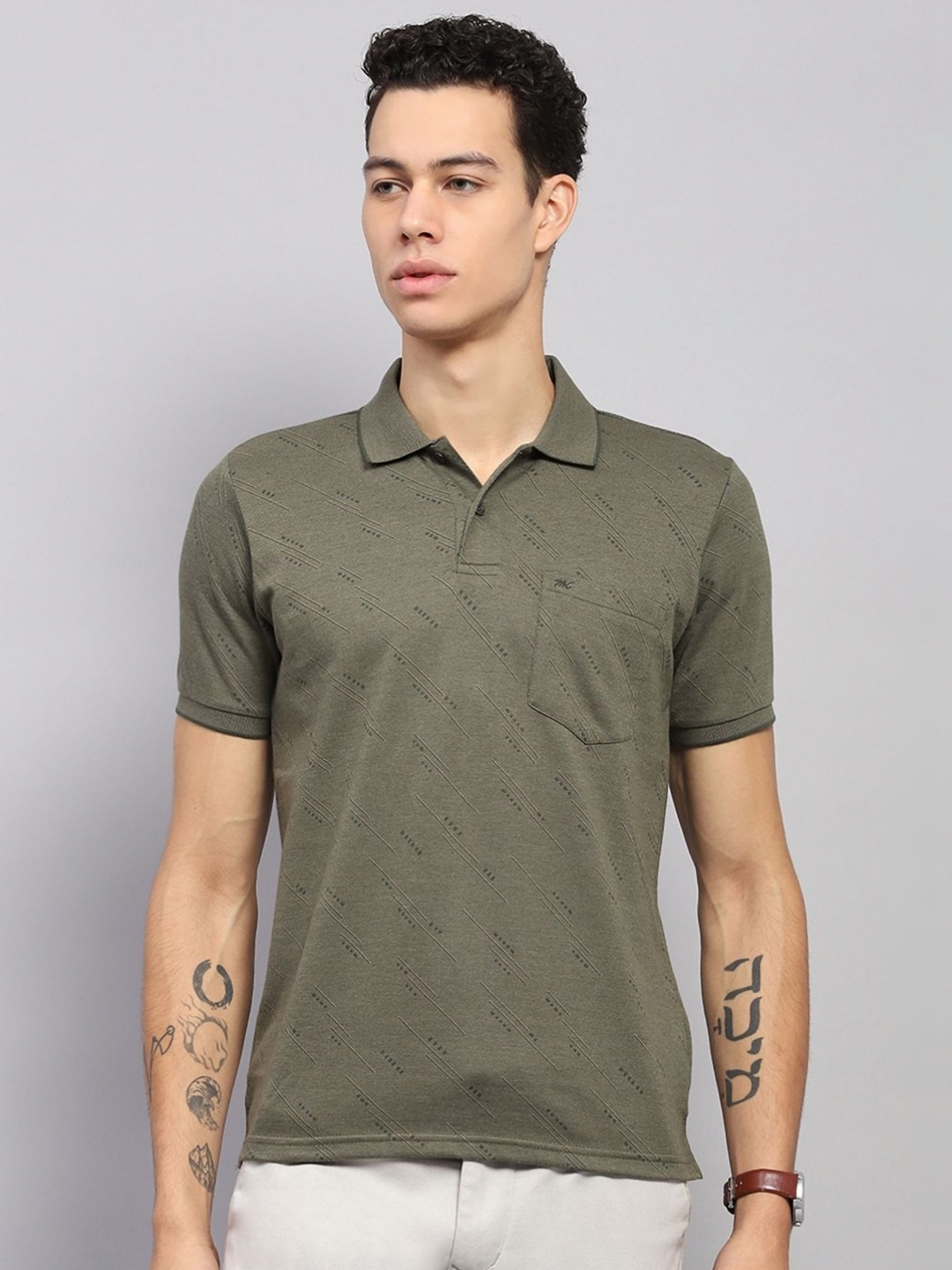 

Monte Carlo Men Geometric Printed Polo Collar Cotton T-shirt, Olive